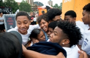 NBA stars (L-R) Jalen Rose and Paul George, with musician Jamie N Commons interact with fans during Jeep's "Summer of Jeep" event at Navy Pier on Thursday, July 28, 2016, in Chicago, IL